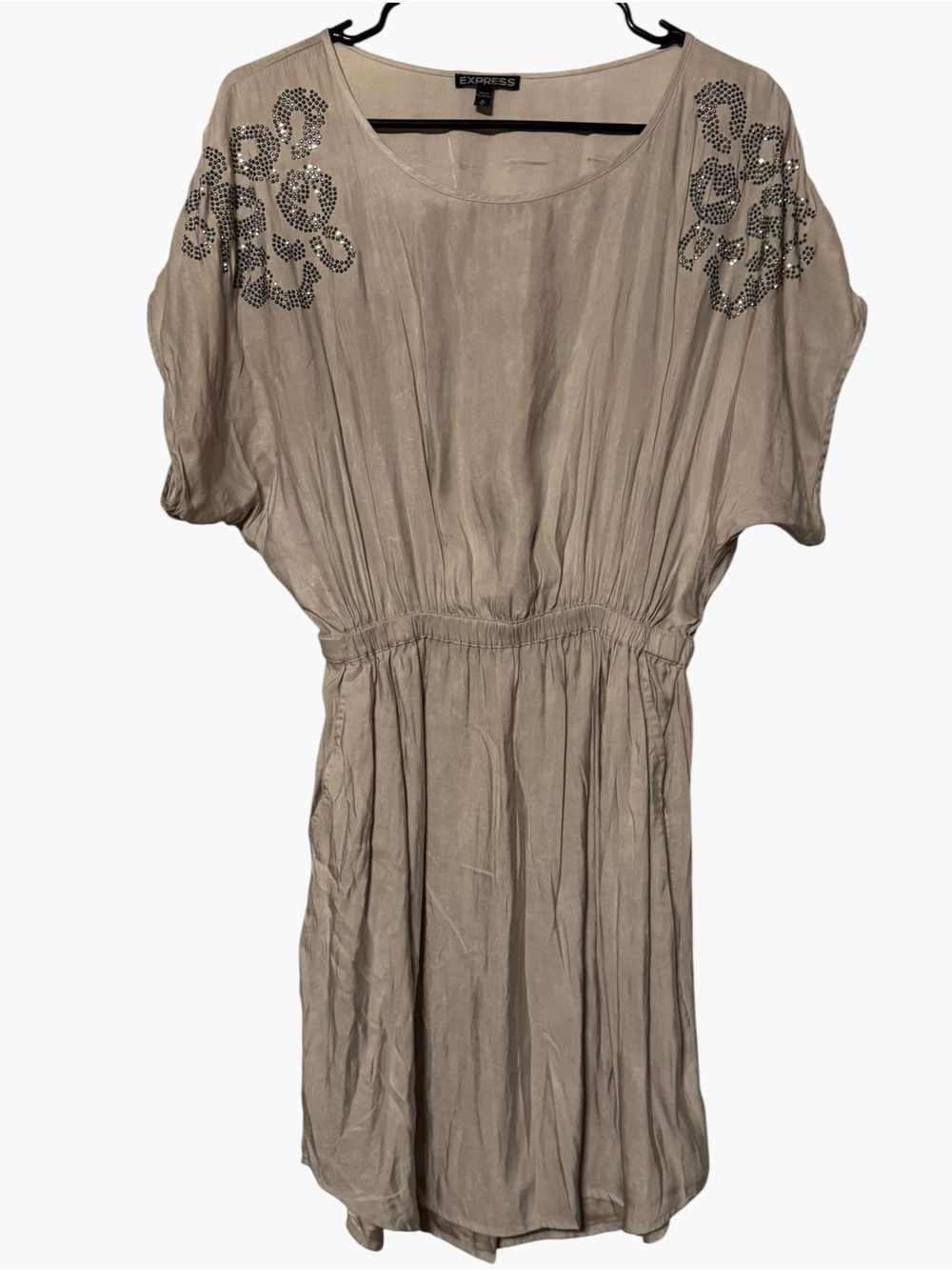 Express Women’s Medium Taupe Rhinestone Shoulder Dolman Sleeve Dress